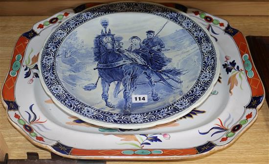 An Imari pattern meat platter and a blue and white dish, platter length 54cm